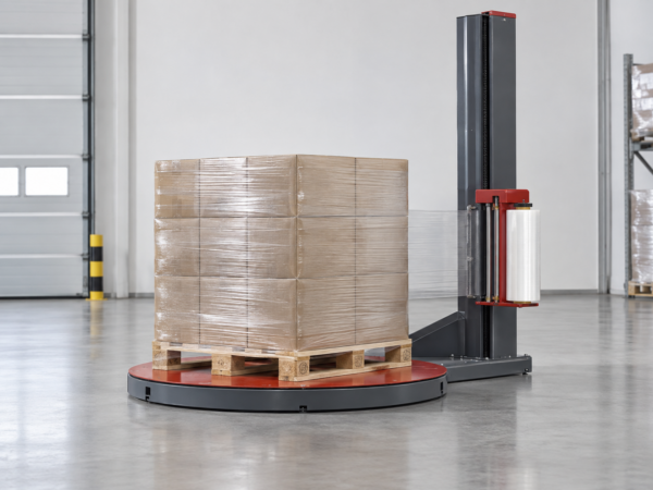 Halbautomatisch Paletten mit Stretchfolie wickeln